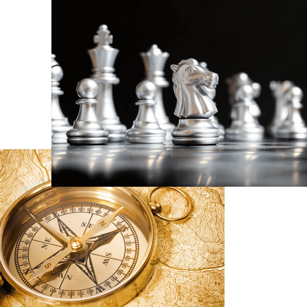 silver knight chess piece stand in front of team, golden compass– concept for leadership and strategy, future direction